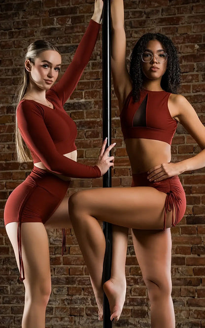 High Waist Drawstring Pole Shorts - Emma burgundy